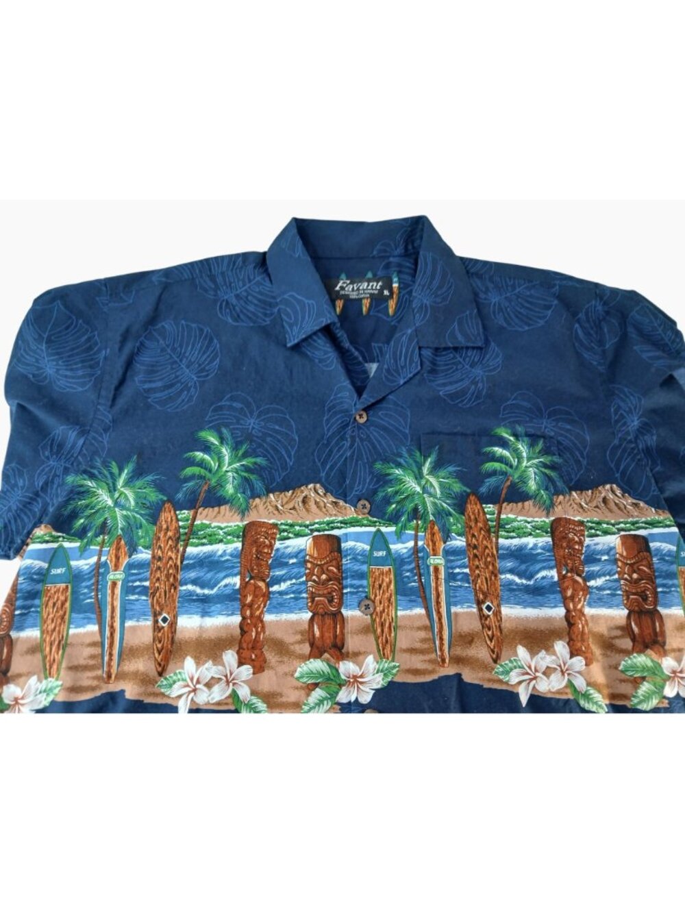 Favant Hawaiian Shirt XL Surfboard Tiki Aloha Print Navy Button-Up 100% Cotton - Picture 11 of 15